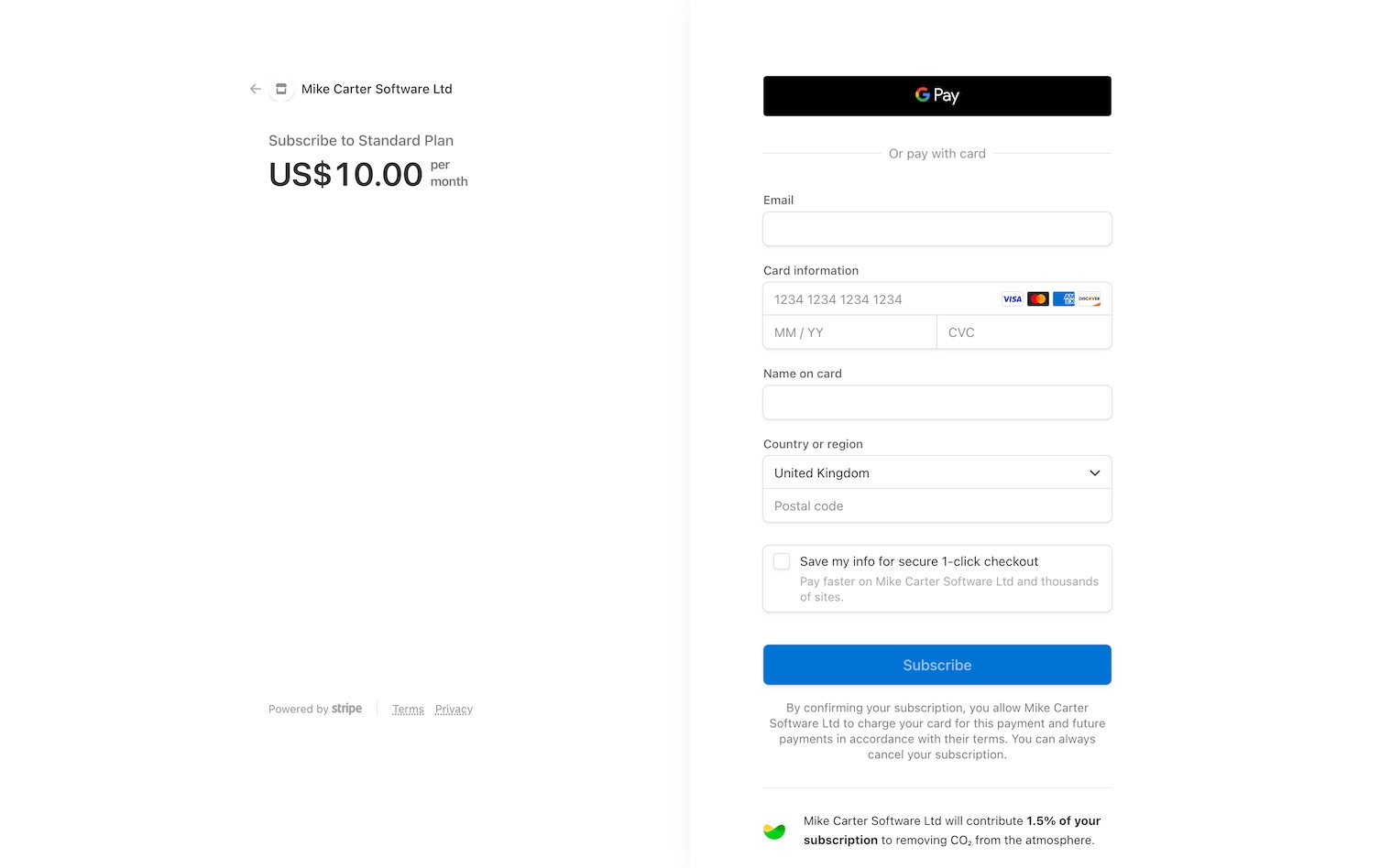 The Parable checkout page, a simple collection of payment details handled securely by Stripe.